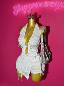 Slaydiva 2025 New Summer Birthday Party, Back-To-School, Student Daily, Casual, Vacation, Cruise, Beach, Sundress Sexy Open Back Tie-Up Women 2-Piece Set With Asymmetrical Hem Skirt/Shorts, Tassel Distressed Fabric Y2k - White - View 1