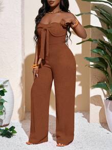 Slaydiva Novo Macacão Feminino de Tricô Laranja, Elegante e Sexy, com Top Tomara que Caia, Laço e Calça Reta de Perna Larga para Primavera e Verão - Castanho - Visão 7