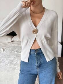 SHEIN Frenchy 女士纯色白色金色纽扣开衫，秋季针织毛衣短款开衫前开衫深 V 领开衫女士开衫单扣开衫罗纹开衫，休闲日常穿着 - 杏色 - 查看 5