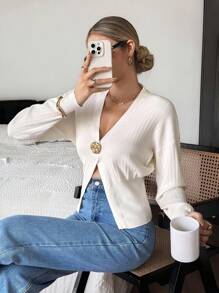 SHEIN Frenchy 女士纯色白色金色纽扣开衫，秋季针织毛衣短款开衫前开衫深 V 领开衫女士开衫单扣开衫罗纹开衫，休闲日常穿着 - 杏色 - 查看 4