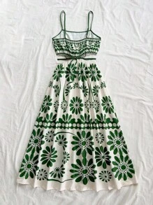 Dreamara 大码女式绿色热带花卉印花镂空系带腰部 A 字中长吊带连衣裙，度假装 - 綠色 - 查看 2