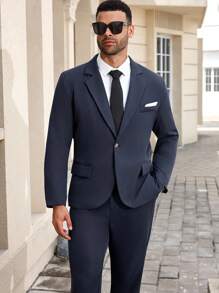 Manfinity Mode 2 pezzi Completo casual uomo, giacca blazer a manica lunga e pantaloni, taglie grandi - Blu reale - Visualizzare 3