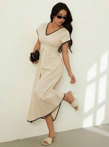 SHEIN PETITE Women's V-Neck Flutter Sleeve Pleated Dress, Summer - Beige - View 1