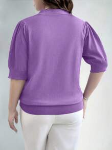 EMERY ROSE Plus Size Casual Solid Color Short Sleeve Sweater Knit Pullover Fall Winter Autumn - Purple - View 2