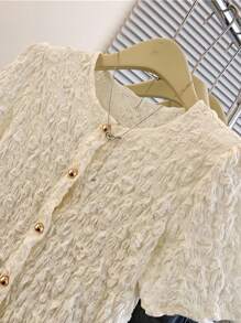 INAWLY Women's Solid Textured Single-Breasted Short Sleeve Fashionable Blouse - Apricot - View 5