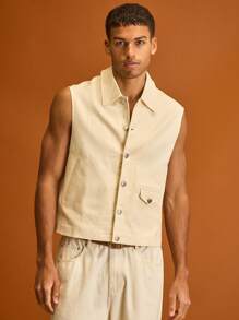 Musero 无袖纽扣短款背心，前口袋细节，春夏季假期 - 杏色 - 查看 1