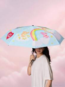SHEIN X Care Bears Ô dù hoạt hình dễ thương hình gấu cầu vồng trái tim in hình tự động đóng mở, có chức năng chống nắng, thích hợp cho đi học, đi làm, đi chơi và sử dụng hàng ngày, thích hợp cho sinh viên đại học, học sinh trung học và phụ nữ - Màu xanh nhạt - Xem 4