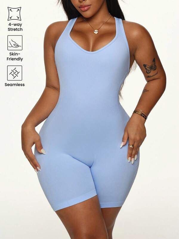 SHEIN Sport Studio Damen Nahtloses Blaues Sport-Jumpsuit in Große Größen