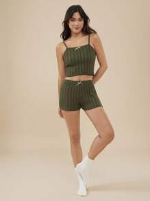 镂空针织高腰蝴蝶结前开襟修身扇贝形毛衣短裤夏季波西米亚风牛仔风沙滩装 - 軍綠色 - 查看 5