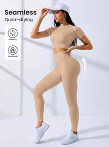 Gameset SHEIN Sport Conjunto de ropa deportiva para mujer con camiseta corta de manga corta sin costuras y elástica, y mallas - Caqui - Ver 7