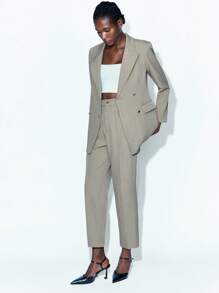 Maija 女士纯色泼墨印花翻领长袖双排扣夹克和裤子两件套休闲西装套装女式西装女式裤装西装外套套装女式西装两件套女式两件套商务休闲女装，秋季女装 - 卡其色 - 查看 4