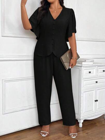 SHEIN Frenchy Bộ đồ vest và quần dài tay bèo nhún cài đơn cỡ lớn cho nữ, trang phục ngày lễ cho phụ nữ vào mùa thu/đông