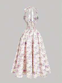 SHEIN X Hannahelzahed SHEIN MOD 女士杏色花卉印花挂脖褶饰蝴蝶结连衣裙 - 杏色 - 查看 2