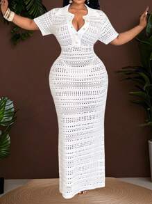 Slaydiva 复活节波西米亚风休闲轻盈纯色翻领前扣短袖修身镂空针织长裙，优雅浪漫，适合春夏季、海滩、日常穿着，加大码 - 白色 - 查看 9