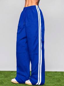 Cheerettes 女士休闲条纹侧缝抽绳腰瑜伽裤，适合日常穿着 - 藍色 - 查看 5