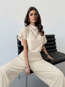 Firerie Bộ 2 món quần ống rộng dáng đứng thoải mái, thích hợp mặc thường ngày, đi làm và đi nghỉ, thanh lịch tối giản, cổ bèo nhún màu xanh lam, đa năng, mùa hè - Hồng - Xem 6