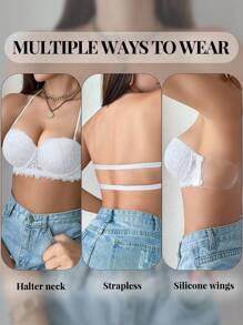 1pc Lace Open Back Underwired Brassiere Women, Small Bust Enhancing Minimizer Strapless Slip-Resistant Bra Lingerie - White - View 8