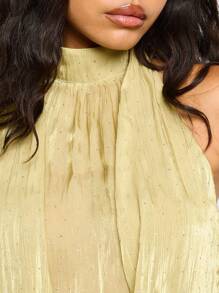 AiiRZ Áo crop top cổ yếm màu vàng ánh kim, dự tiệc tối, mặc trong các dịp lễ hội, mùa hè, áo cánh không tay có chi tiết xếp nếp cổ cao - màu xanh lá - Xem 4