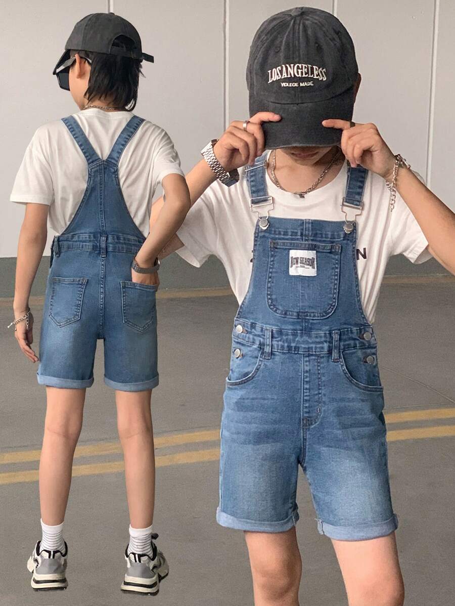 SHEIN 青少年男童时尚休闲拼接细节设计蓝色底简约日常弹力紧身牛仔背带裤，适合儿童穿着，柔软舒适，适合日常穿着，也适合儿童春夏派对、节日和海滩穿着。 - 藍色 - 查看 1