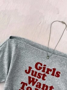 少女休闲红色女孩只想玩得开心比口号白色露肩领文字印花短腰聚拢短袖紧身裤，春夏季，基本款，日常款，百搭款，运动时尚夏季上衣，返校季，校服 - 灰色 - 查看 3