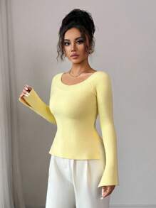 Selianne Off Shoulder Cutout Sleeve Slit Hem Versatile Mustard Yellow Knit Sweater Top, Suitable For Spring, Autumn, Winter Knit Pullover Fall - Butter Yellow - View 3