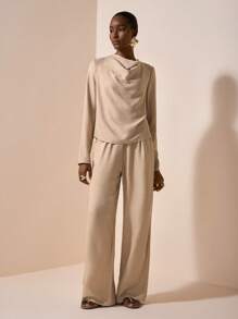 Zivah New Early Autumn Casual Elegant Daily Dating Commuting Party Intellectual Style Swing Collar High Collar Long Sleeve Loose Shirt + Straight Pants Jumpsuit Apricot Women's Two Pieces Suit-A - Apricot - View 4