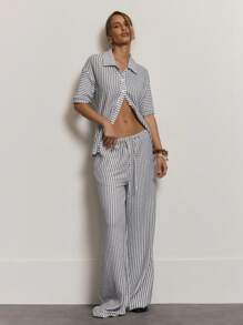 MUSERA 条纹针织宽松纽扣衬衫，可爱假日休闲性感优雅沙滩风上衣，仅限女士办公室着装，返校季秋季优雅职场穿搭。