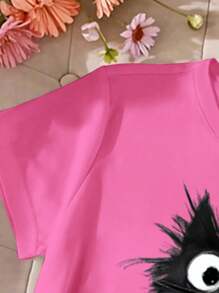 青少年女孩休闲舒适简约猫咪图案短袖圆领 T 恤，适合夏季穿着 - 粉色 - 查看 3