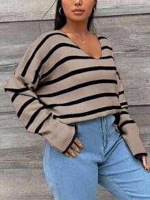 EURMUSE Plus Size Colorblock Striped Casual Sweater, Autumn/Winter - Mocha Brown - View 5