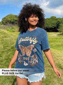 SHEIN EZwear Plus Size Acid Washed Look Vintage Knitted Distressed Loose Fit Knit Butterfly Cartoon Pattern Short Sleeve T-Shirt - Blue - View 4