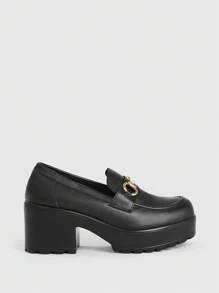 CUCCOO BIZCHIC Zapatos de mujer tipo mocasín con plataforma, detalle de pespunte y decoración metálica, elegantes, en color negro, para el verano, vacaciones, vuelta al colegio, estudiantes universitarios, básicos elegantes, casual de oficina, Navidad, otoño, Año Nuevo, vacaciones
