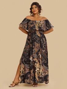 Travachic Rochie de damă plus size cu imprimeu boem Paisley și umeri goi, cu tiv cu volane, stil casual de vacanță, toamnă - Negru - Vizualizare 4