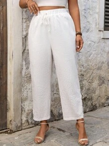 SHEIN PETITE Plus Size Women Cotton Straight-Leg Pants With Ruffle Hem, Figure-Flattering - White - View 5