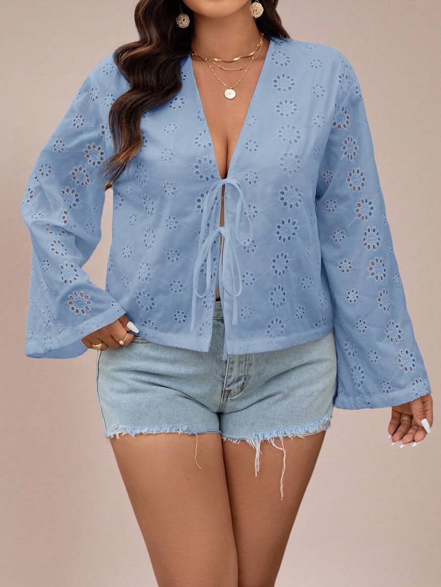 SHEIN VCAY 女士大码休闲纯色梭织宽松系带长袖衬衫 - 淺藍色 - 查看 1