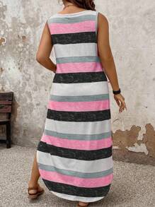 SHEIN PETITE Vestido casual de verano a rayas para mujer de talla grande