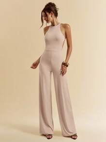 SHEIN BAE 女士夏季性感露背连体裤黑色连体裤海边度假连体泳衣泳装夜间外出度假装 - 卡其色 - 查看 2