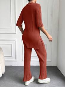 EURMUSE 100%Cotton Drop Shoulder Tee & Pants - Redwood - View 2