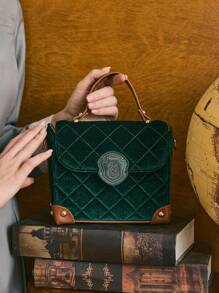 HARRY POTTER X SHEIN 1 件女式复古学院风绿色天鹅绒和 PU 皮革手提包，配有可拆卸肩带 - 綠色 - 查看 2