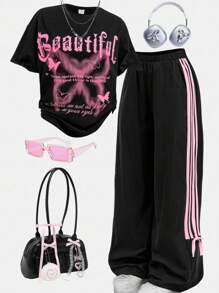 Girlism Teen Girls Streetwear T-Shirt And Sweatpants Co-Ord Set With Letter Print Style Y2k Outfits Y2k Tween Outfit Girl Outfit Set Butterfly Graphic Tee Outfit Black And Pink Outfit