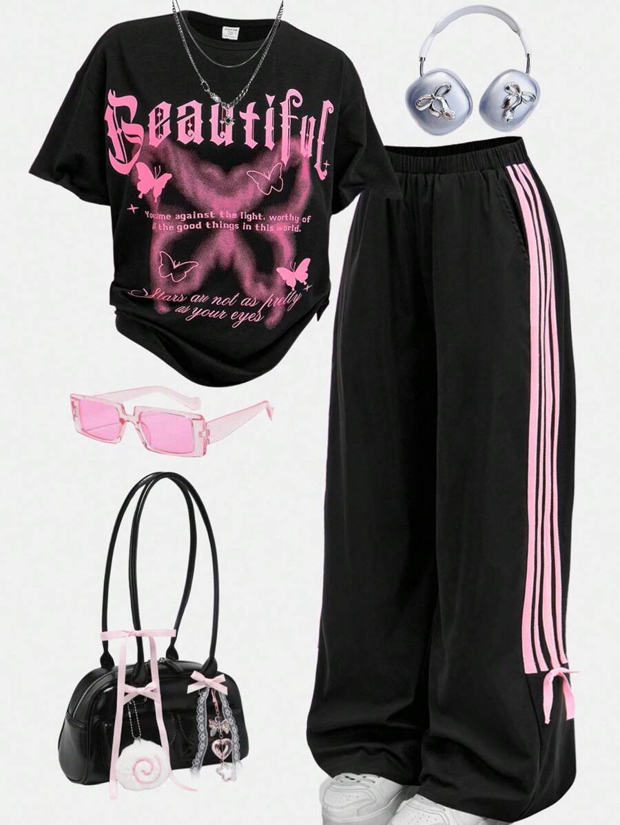Girlism Teen Girls Streetwear T-Shirt And Sweatpants Co-Ord Set With Letter Print Style Y2k Outfits Y2k Tween Outfit Girl Outfit Set Butterfly Graphic Tee Outfit Black And Pink Outfit