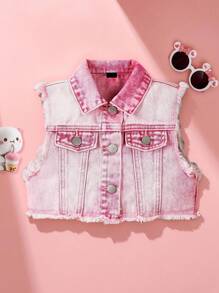 Conjunto de chaqueta vaquera y chaleco para niñas (talla pequeña), chaqueta vaquera rosa corta y estilosa estilo desgastado y deshilachado, chaleco sin mangas con look casual y chic para vacaciones