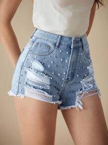Selenza Casual damesspijkershort met versleten zakken, gerafelde zoom en imitatiepareldecor