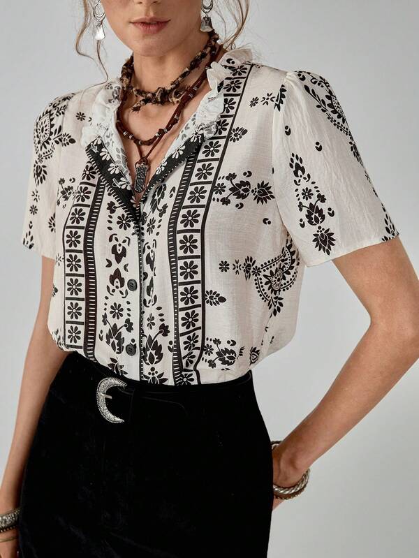 Florisole Bohemian Print Short Sleeve Casual Shirt, Suitable For Spring And Summer