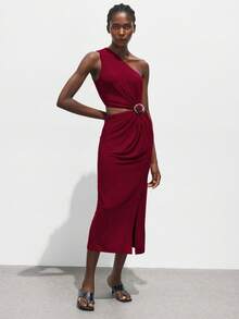 Maija 秋冬不对称领口金属扣装饰修身中长连衣裙，都市通勤商务休闲优雅连衣裙，适合圣诞节、万圣节、派对、婚礼宾客 - 酒紅色 - 查看 4