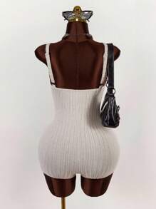 Amplova Plus Size Women Deep V-Neck Button Design Jumpsuit - Apricot - View 3