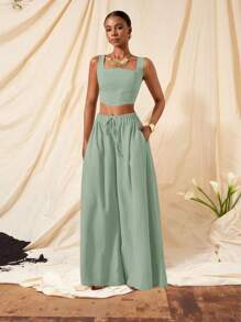 Zivah 新款春夏度假休闲鱼骨背带上衣和阔腿裤带口袋两件套-B，纹理面料 - 薄荷綠 - 查看 8