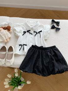 Set de 2 piezas con camisa informal de rayas tejida y falda corta de vuelo con estampado floral para niñas jóvenes - Blanco - Ver 5
