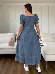 Dazy Plus Đầm maxi denim dáng ôm, cổ vuông, tay phồng, màu xanh đậm, cỡ lớn, thích hợp cho mùa xuân/hè. - Rửa nhẹ - Xem 2