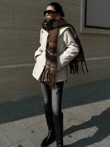 DAZY 女士白色精致优雅束腰中长款厚棉袄，成熟淑女风冬季外套 - 白色 - 查看 5