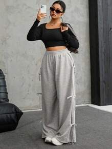 SHEIN EZwear Quần nỉ thể thao thường ngày rộng rãi có nơ trang trí cho nữ cỡ lớn - Xám - Xem 7